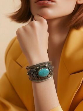 🪶✨ Vintage Silver Tone Cuff Bracelet – Turquoise Style Statement Piece 💙